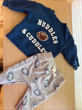 Carters 3MHuddles & Cuddles Navy Sweatshirt and Gray Football Print Kids Bottoms